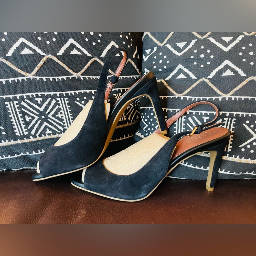 NWOT Cole Haan Grand.OS Open Toe Slingback Pumps in Black Suede | Size 8.5M